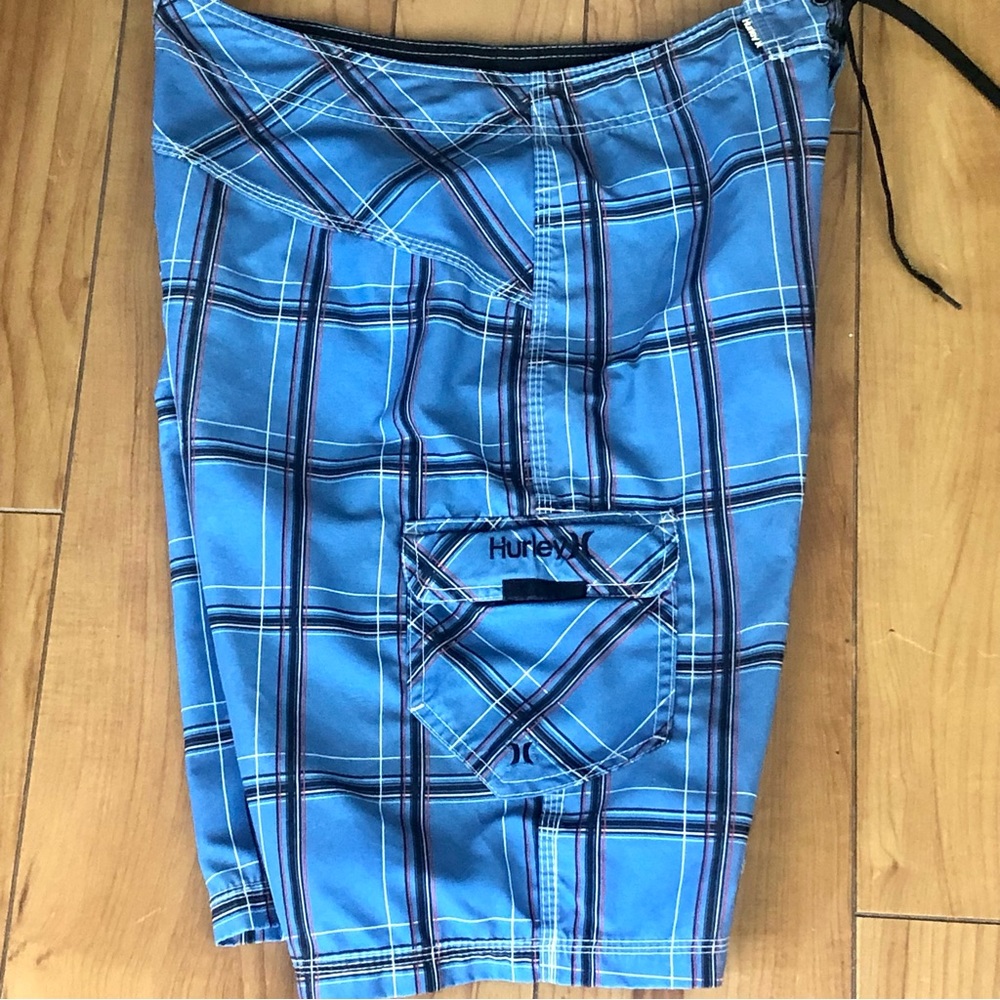 Hurley Blue & Black Preppy Plaid Print Swim Beach Board Shorts 36”
